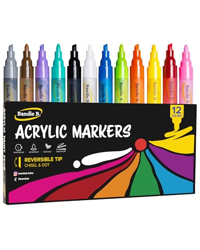 Bandle B. Bandle B Acrylic Paint Markers Set of 12 Paint Pens for Art Fabric Coloring and JournalingQuickDrying Waterproof NonToxic Reversible ChiselDot Tip - Image 1
