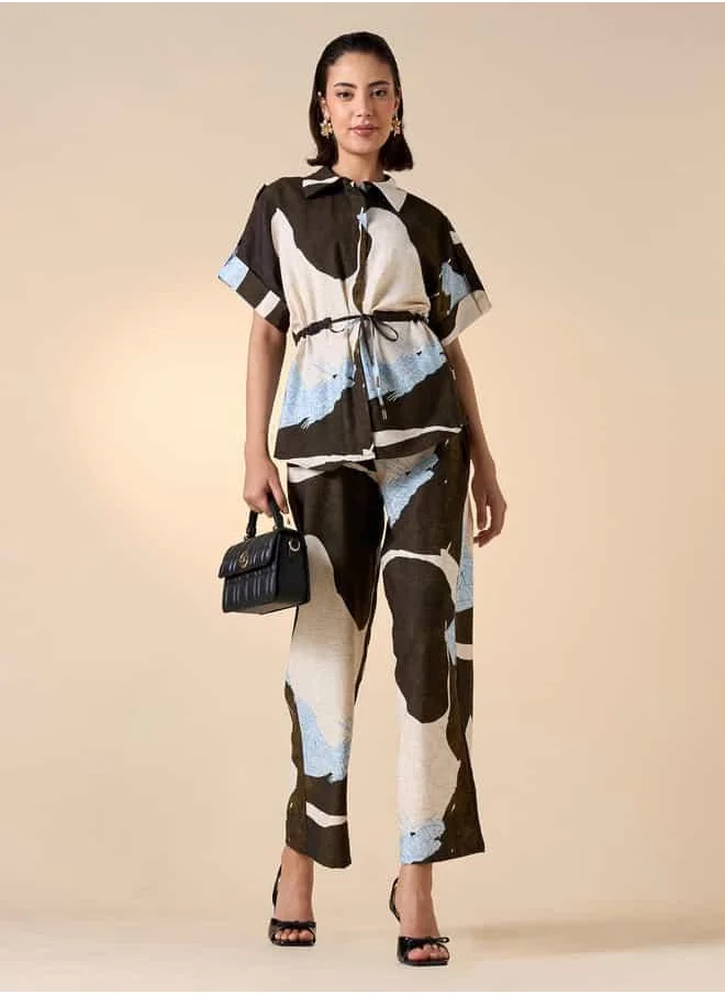 ايكونيك Iconic All-Over Print Collar Shirt with Short Sleeves and Waist Tie-Up