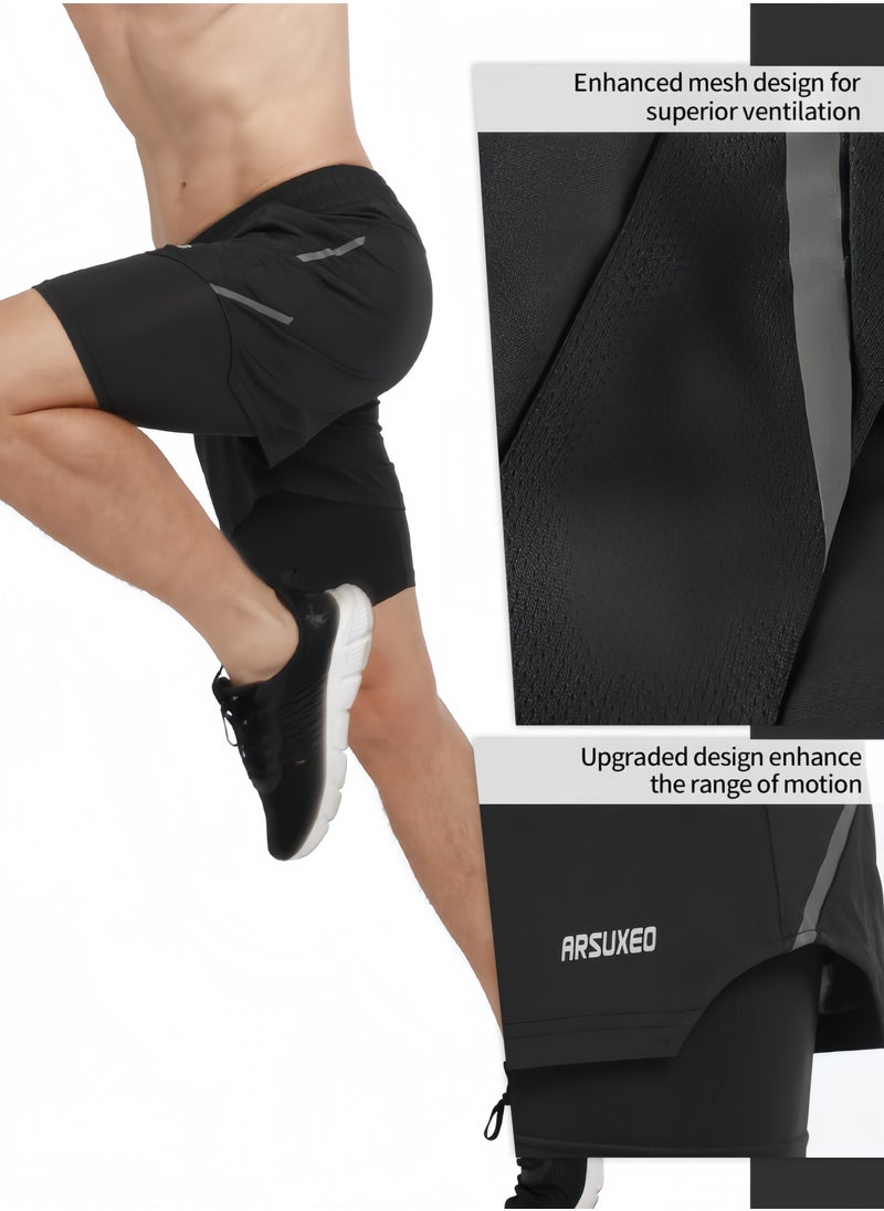 Generic - Men's 2-in-1 Active Running Shorts Athletic Workout Shorts with Zipper Pockets Comfortable Training and Running Shorts for Sports - Image 1