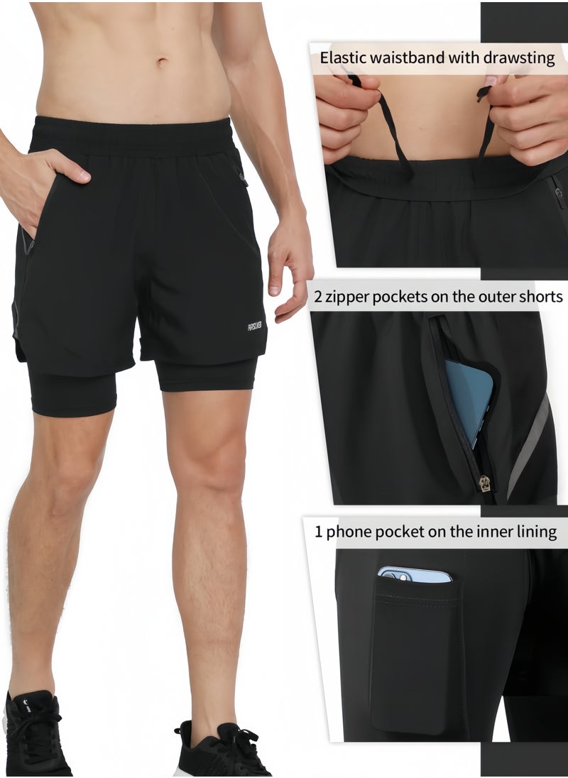 Generic - Men's 2-in-1 Active Running Shorts Athletic Workout Shorts with Zipper Pockets Comfortable Training and Running Shorts for Sports - Image 1