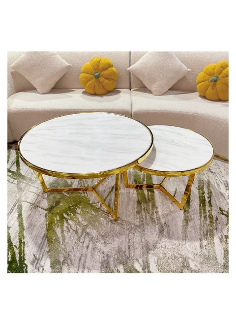 Coffee Table 2 Set Marble Pattern Table Top Golden Leg Round Side Tables 80CM+60CM