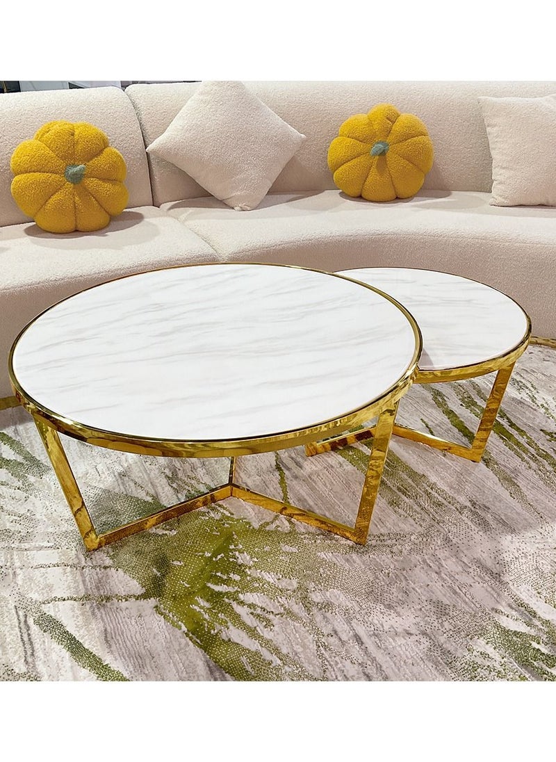 Coffee Table 2 Set Marble Pattern Table Top Golden Leg Round Side Tables 80CM+60CM
