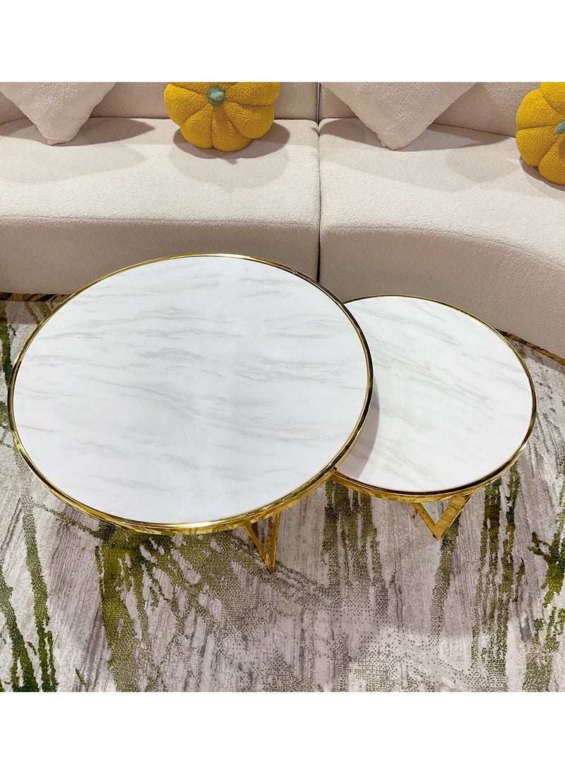 Coffee Table 2 Set Marble Pattern Table Top Golden Leg Round Side Tables 80CM+60CM