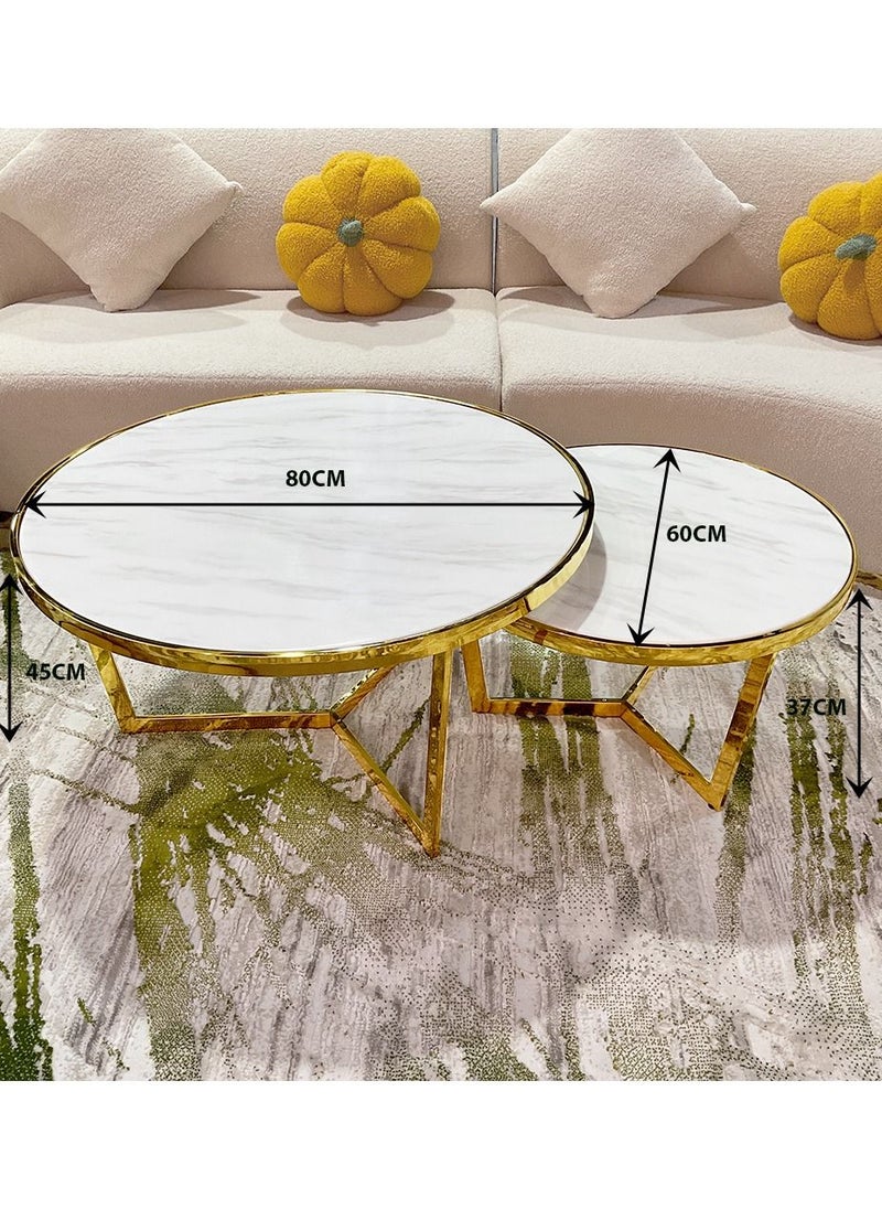Coffee Table 2 Set Marble Pattern Table Top Golden Leg Round Side Tables 80CM+60CM