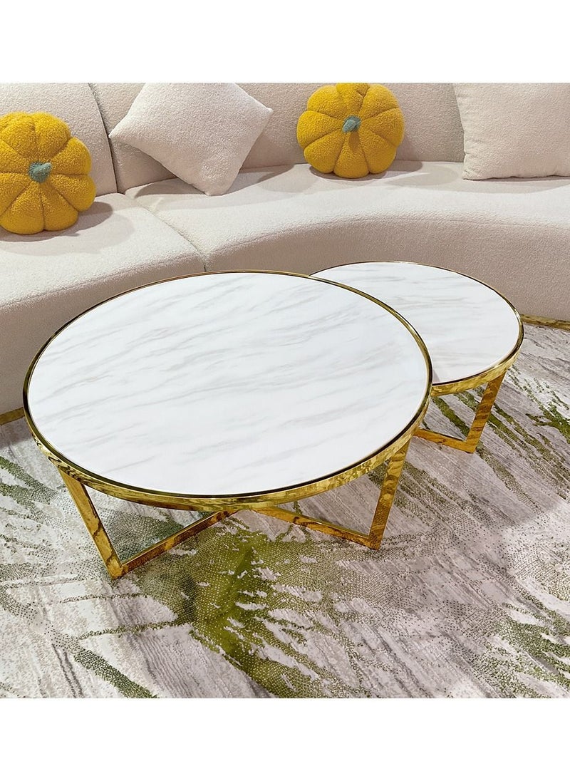 Coffee Table 2 Set Marble Pattern Table Top Golden Leg Round Side Tables 80CM+60CM