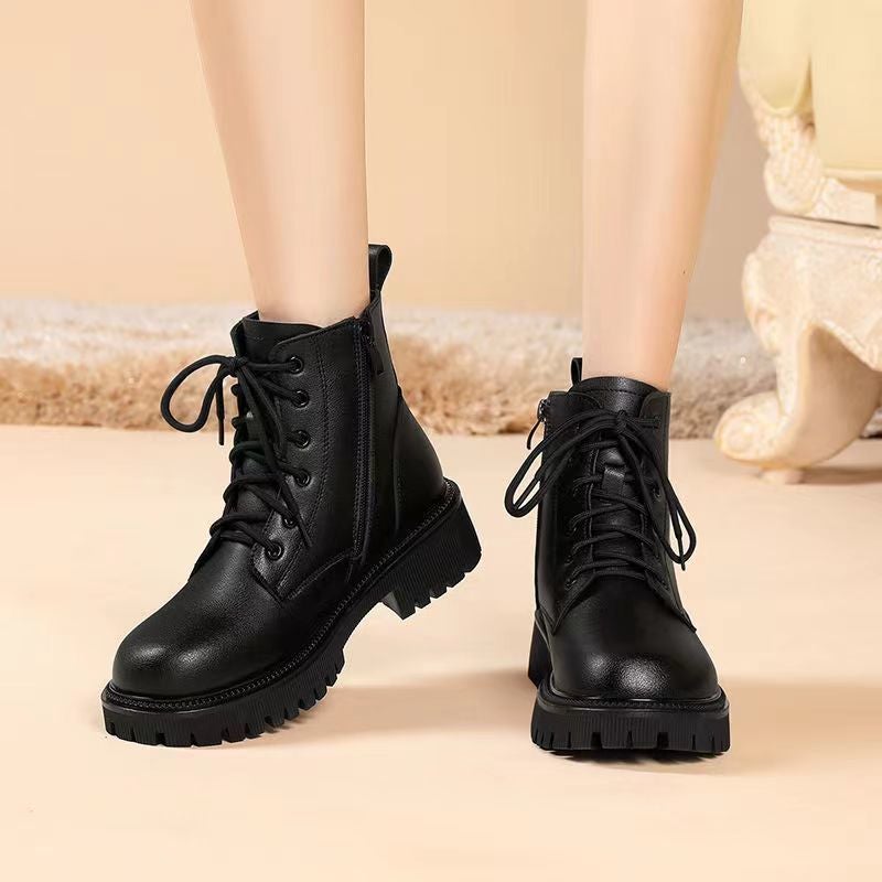 Soft-Soled Boots For Women 2025 Single Boots British Style Thick-Soled Fleece-Lined Low-Heeled Soft Leather Short Boots For Women And Men - Image 4