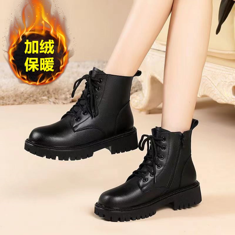 Soft-Soled Boots For Women 2025 Single Boots British Style Thick-Soled Fleece-Lined Low-Heeled Soft Leather Short Boots For Women And Men - Image 1