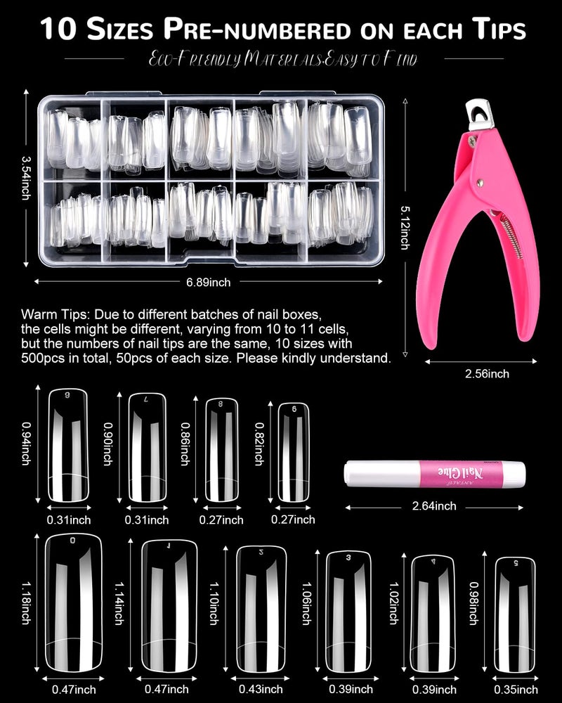 MORGLES 500 Pcs Clear Acrylic Nail Tips Square Full Cover with Nail Clipper Files and Glues Cuticle Fork for Home DIY with Box - Image 2
