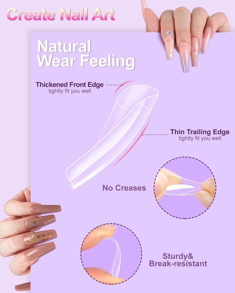 MORGLES 500 Pcs Clear Acrylic Nail Tips Square Full Cover with Nail Clipper Files and Glues Cuticle Fork for Home DIY with Box - Image 3