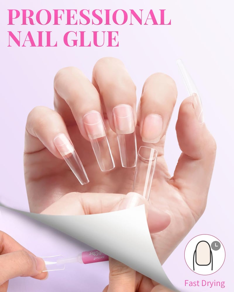 MORGLES 500 Pcs Clear Acrylic Nail Tips Square Full Cover with Nail Clipper Files and Glues Cuticle Fork for Home DIY with Box - Image 4