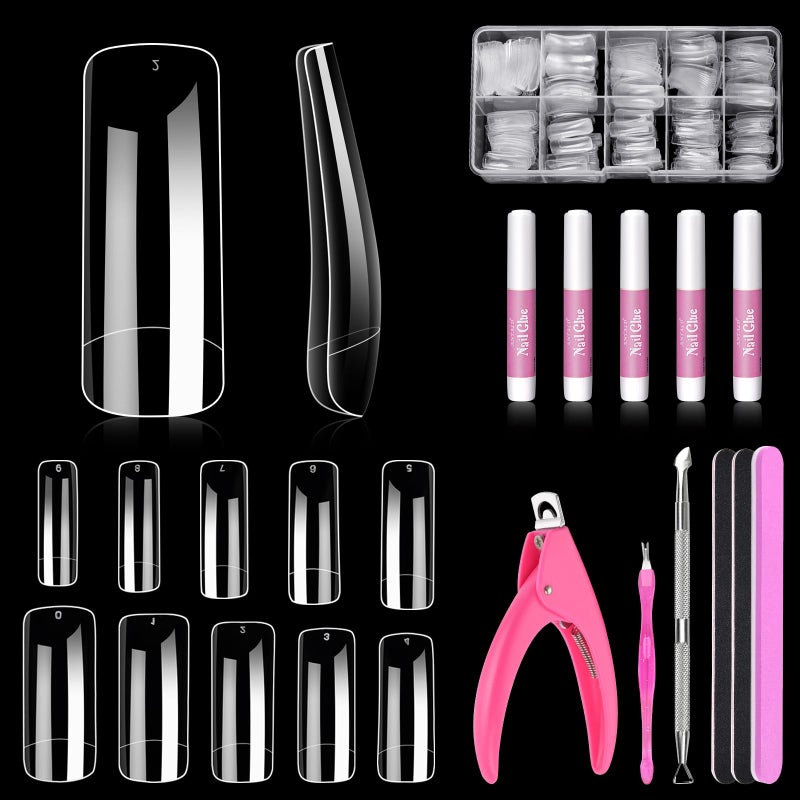 MORGLES 500 Pcs Clear Acrylic Nail Tips Square Full Cover with Nail Clipper Files and Glues Cuticle Fork for Home DIY with Box - Image 1