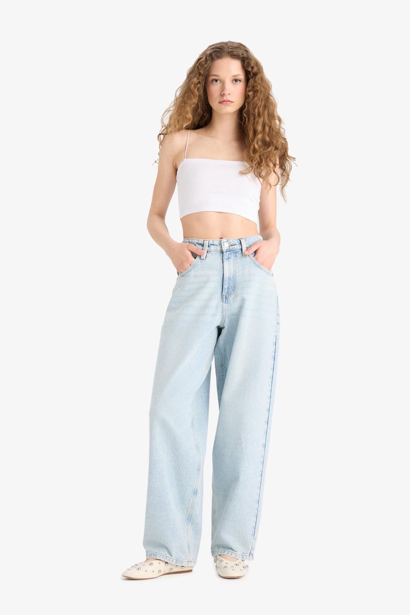 DeFacto Blue Woman Baggy Fit Regular Hem Jean Trousers Casual - Image 4
