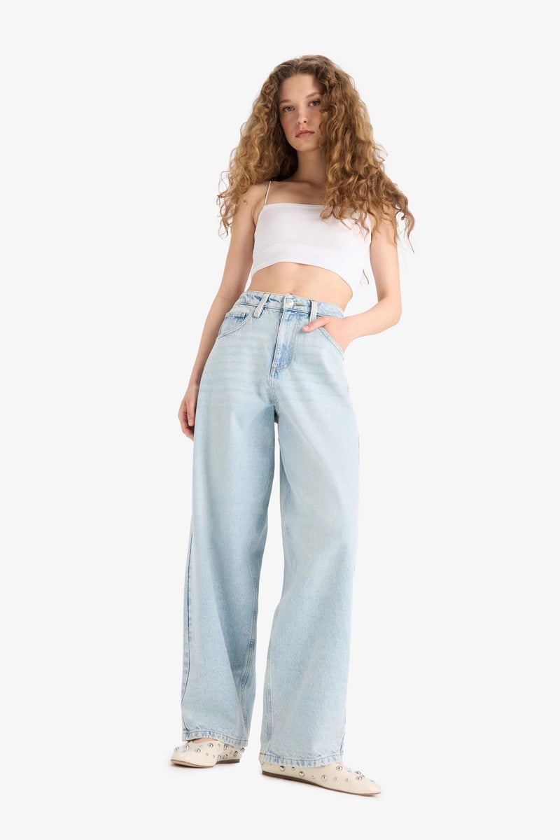 DeFacto Blue Woman Baggy Fit Regular Hem Jean Trousers Casual - Image 3