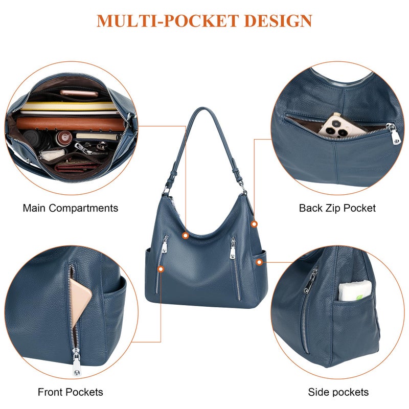 Over Earth Genuine Leather Purses for Women Medium Hobo Bag Lady Crossbody Handbags with 2 Detachable Straps(O150E UG Indigo Blue) - Image 4