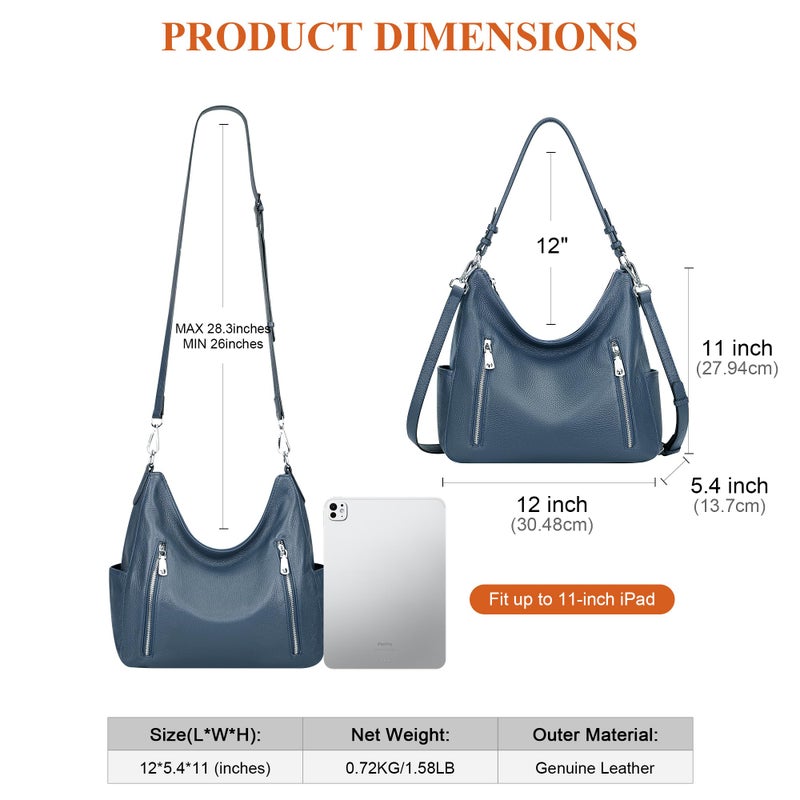 Over Earth Genuine Leather Purses for Women Medium Hobo Bag Lady Crossbody Handbags with 2 Detachable Straps(O150E UG Indigo Blue) - Image 5