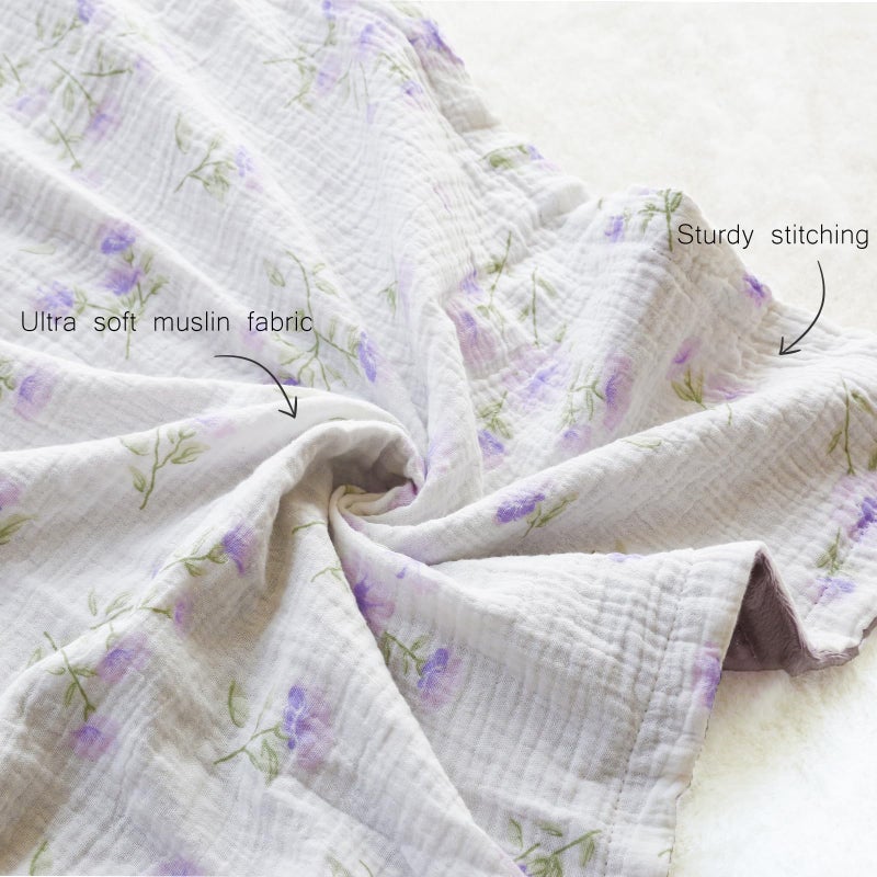 BOPRIO Baby Blankets for Unisex Boys Girls Super Soft Nursery Minky Blankets with Breathable Muslin Cotton Front and 3D Touch Dotted Fleece Backing, Floral Printed Bed Throws Newborn 30 x 40 Inch - Image 3