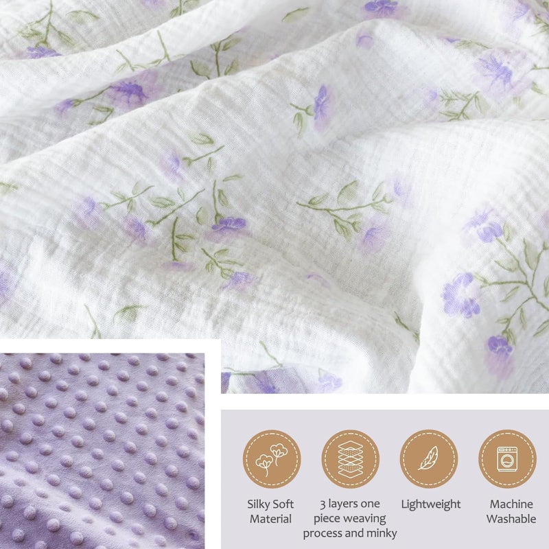 BOPRIO Baby Blankets for Unisex Boys Girls Super Soft Nursery Minky Blankets with Breathable Muslin Cotton Front and 3D Touch Dotted Fleece Backing, Floral Printed Bed Throws Newborn 30 x 40 Inch - Image 4
