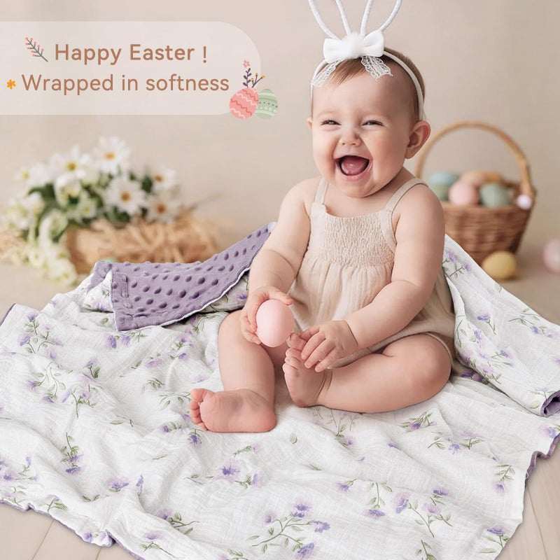 BOPRIO Baby Blankets for Unisex Boys Girls Super Soft Nursery Minky Blankets with Breathable Muslin Cotton Front and 3D Touch Dotted Fleece Backing, Floral Printed Bed Throws Newborn 30 x 40 Inch - Image 5