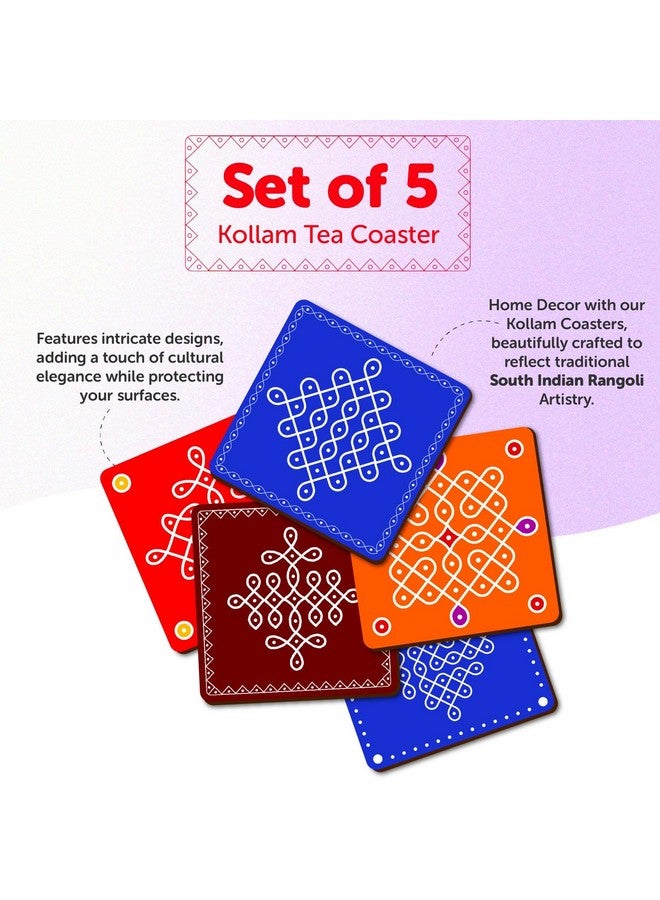 The Crafthives Wooden Tea Coasters, Kolam Rangoli Design, UV Printed, Set of 5, Vivid Print - Image 4