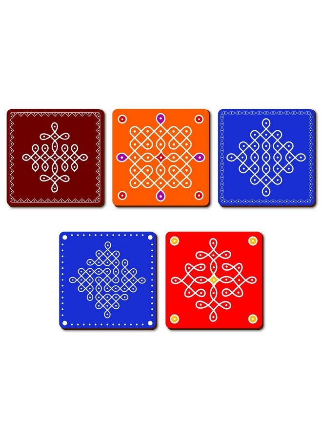 The Crafthives Wooden Tea Coasters, Kolam Rangoli Design, UV Printed, Set of 5, Vivid Print - Image 1
