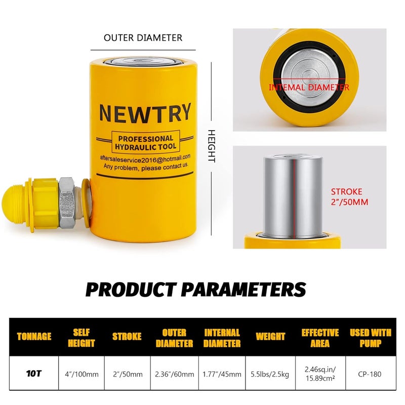 NEWTRY 10 ton Hydraulic Ram Jack Cylinder Short Type 2” Stroke Porta Power Ram Industrial Lifting Jack Retract Automatically for Shipping Building Construction - Image 2