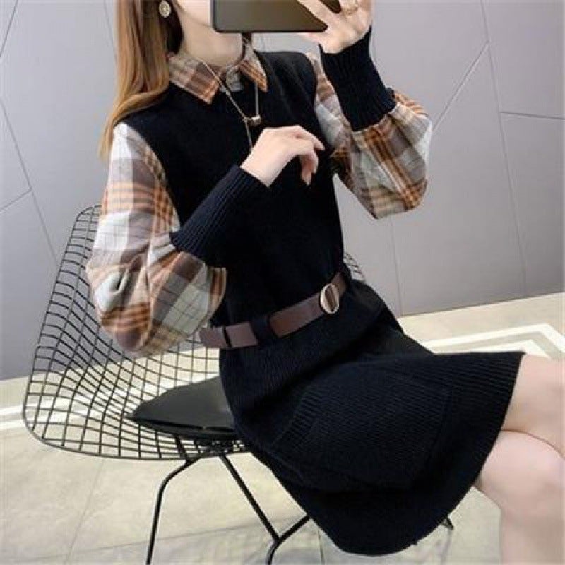 Autumn Winter Knit Dress Sweater Vest Set L12-beige [two-piece]] - Image 3