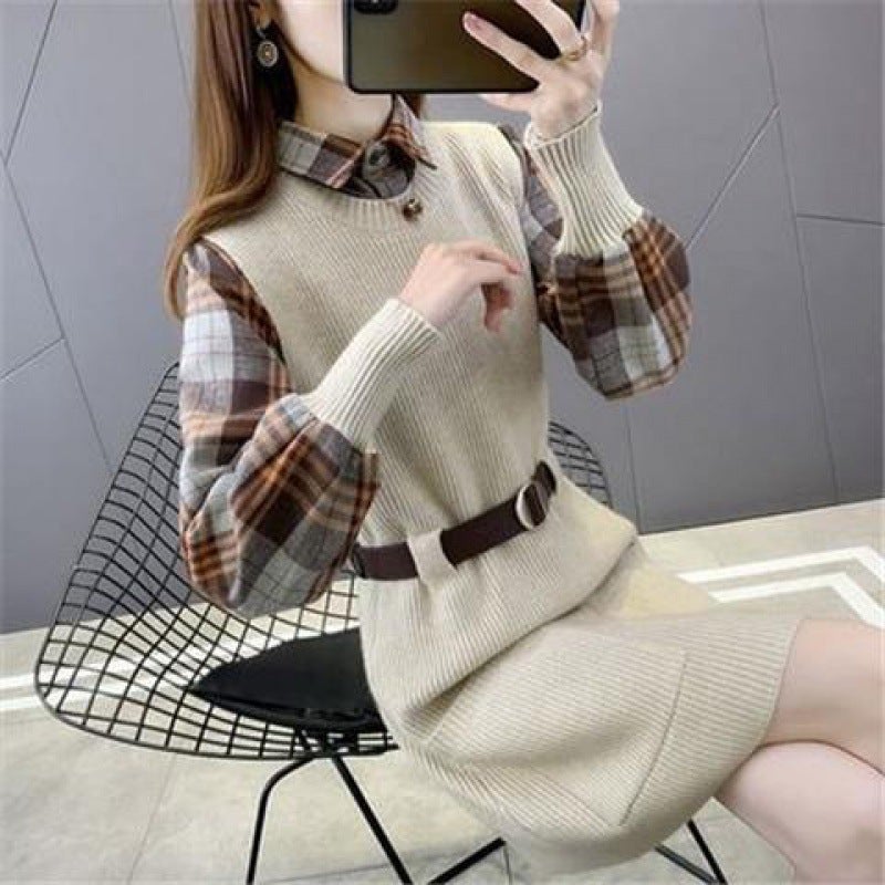 Autumn Winter Knit Dress Sweater Vest Set L12-beige [two-piece]] - Image 1