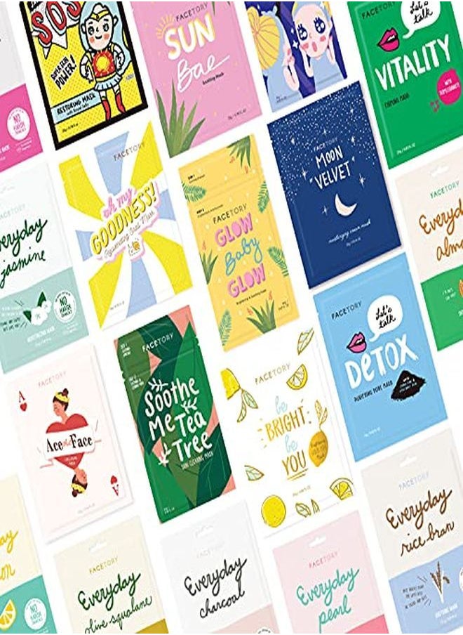 FACETORY 19 Facial Sheet Mask Collection Korean Skin Care Sheet Mask Pack Of 19 Hydrating Moisturizing Soothing And Radiance Boosting For All Skin Types Variety Pack Of 19 Sheet Masks  - Image 1