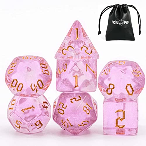 Poludie 7-Die DND Dice Set Polyhedral Dice Set with a Leather Dice Bag, D&D Dice Set for Dungeons and Dragons, RPG Table Games (Pink/G) - Image 1