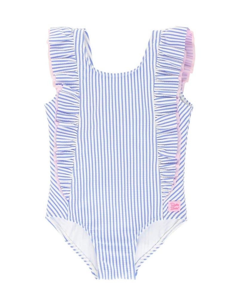 RuffleButtsÂ® Girls Periwinkle Blue Seersucker Waterfall One Piece - 4T - Image 1