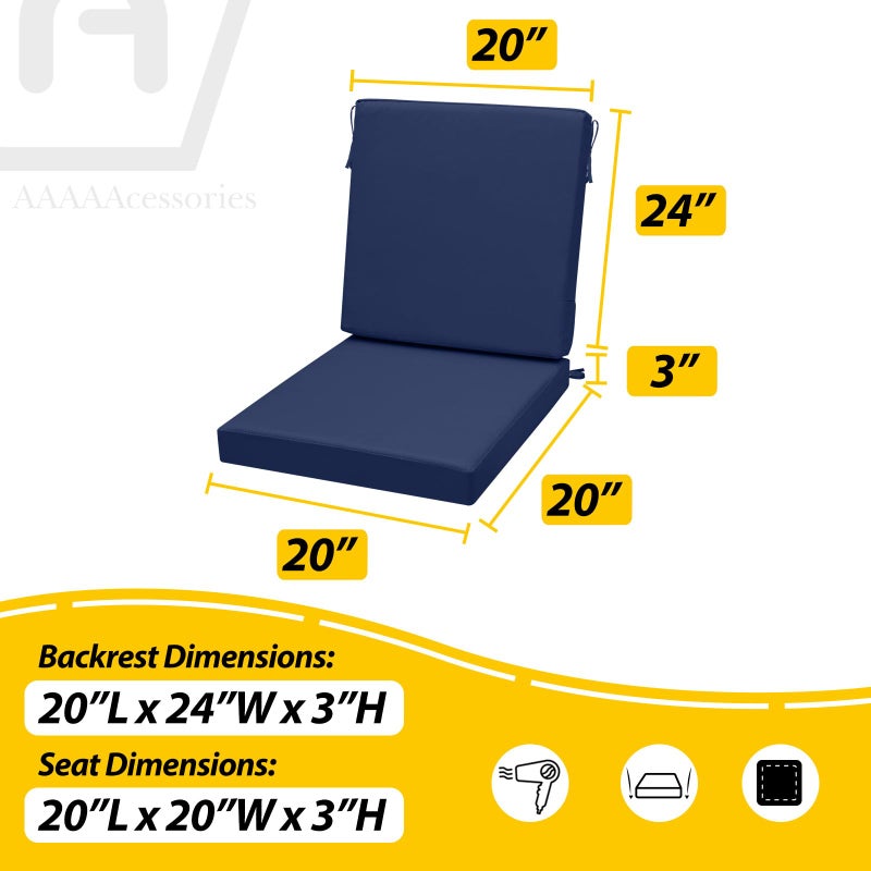 AAAAAcessories Outdoor Seat Cushions for Chairs, One-Piece Design, Fade-Resistant, Waterproof Patio Furniture Replacement Cushions, 20" x 20" x 3" + 20" x 24" x 3", Navy Blue - Image 5