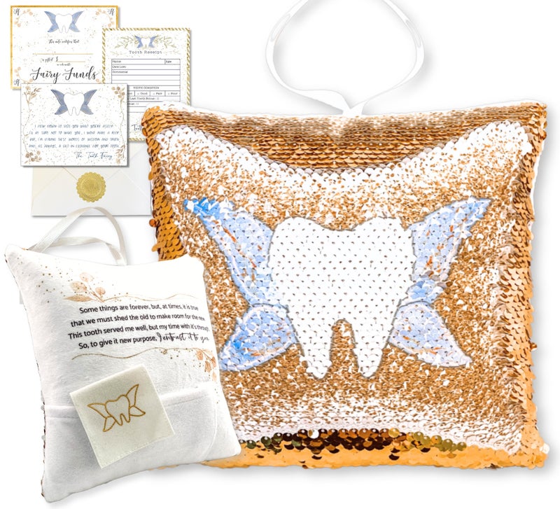 20 Moments of Tooth Tooth Fairy Pillow Kit for Girls and Boys  Tooth Fairy Evidence Kit with Tooth Fairy Bag  Multi Color Reversible Sequin and Large Pocket  Tooth Pillow with Tooth Fairy Bag 