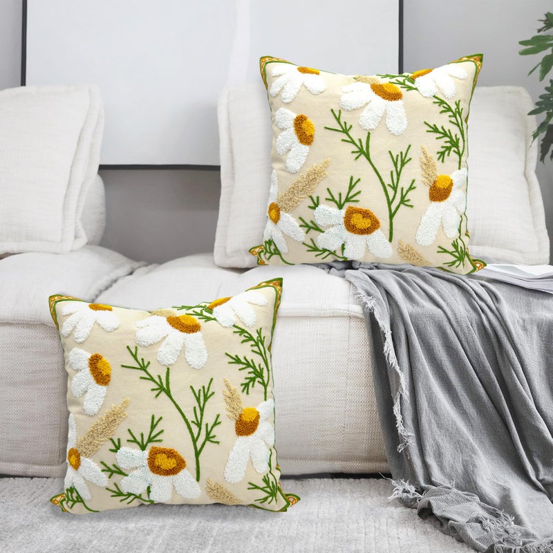 Alysheer Floral Embroidered Fall Decorative Throw Pillow Covers 18"x 18" Set of 2, Farmhouse Daisy Flowers Patterned Canvas Cushion Cases for Couch Bed Living Room Decor - Image 2