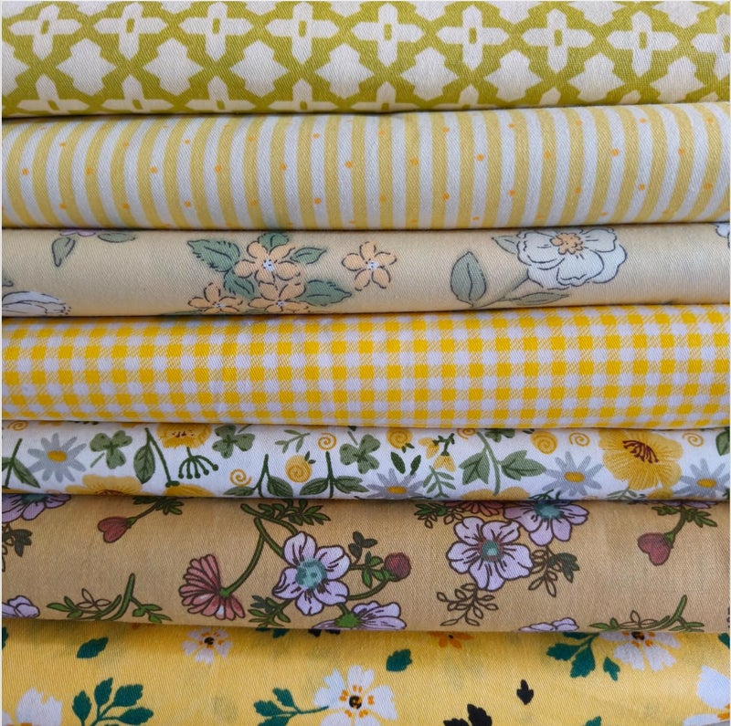 Hasoar 7PCS 9.8" x 9.8"(25 * 25CM) Quilting Fat Quarters Fabric Bundles, for Sewing Crafting,Print Floral Striped Polka Dot 100% Cotton Gingham Fabric (Yellow Flowers, 25 * 25cm) - Image 1