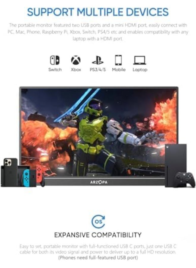 ARZOPA 15.6" Portable Monitor FHD 1080P IPS Display, Ultra-Slim Laptop Screen with Kickstand, USB-C & HDMI External Monitor for PC, Mac, Phone, PS5 & Xbox - Image 5