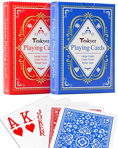Teskyer 2 Pack Large Print Playing Cards Poker Size Large Index Deck of Cards Linen Finish for Seniors Low Vision Family Game Night Essential Pattern B - Image 1