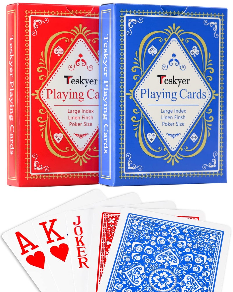Teskyer 2 Pack Large Print Playing Cards Poker Size Large Index Deck of Cards Linen Finish for Seniors Low Vision Family Game Night Essential Pattern B - Image 3
