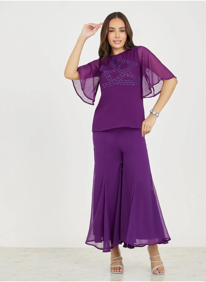 ستايلي Chiffon Sequined Top & Flared Pants Co-Ords