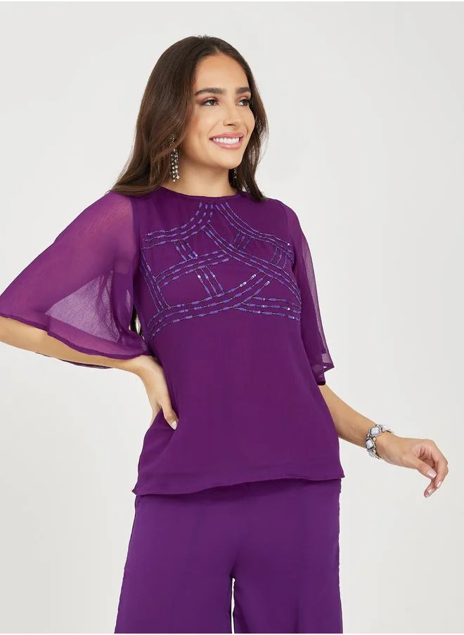 ستايلي Chiffon Sequined Top & Flared Pants Co-Ords