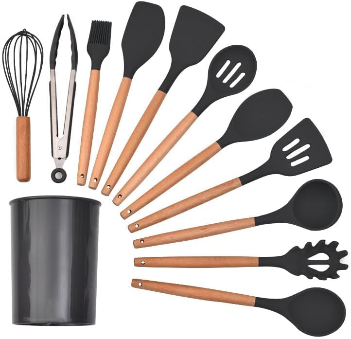 Deoxys Kitchen Utensils Set 12 pcs NonStick Silicone Cooking Kitchen Utensils Spatula Set with Holder Cooking Spatula Turner Heat Resistant Tools with Wooden Handle - Image 1