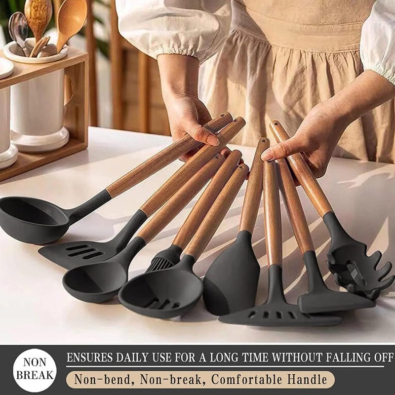 Deoxys Kitchen Utensils Set 12 pcs NonStick Silicone Cooking Kitchen Utensils Spatula Set with Holder Cooking Spatula Turner Heat Resistant Tools with Wooden Handle - Image 2
