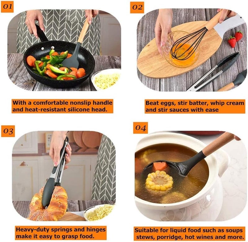 Deoxys Kitchen Utensils Set 12 pcs NonStick Silicone Cooking Kitchen Utensils Spatula Set with Holder Cooking Spatula Turner Heat Resistant Tools with Wooden Handle - Image 4