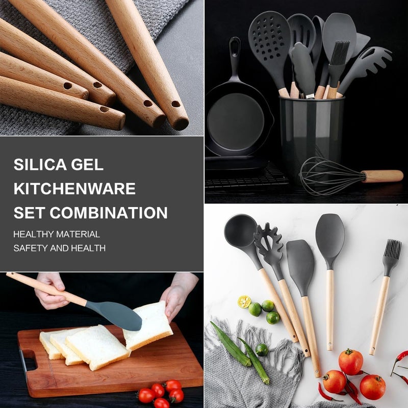 Deoxys Kitchen Utensils Set 12 pcs NonStick Silicone Cooking Kitchen Utensils Spatula Set with Holder Cooking Spatula Turner Heat Resistant Tools with Wooden Handle - Image 5