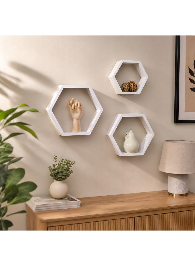 Modern hexagonal wall shelf set, 3 pieces for hanging decorations and organizing spaces. Stylish design for living room, bedroom, office, and entryway. - Image 2