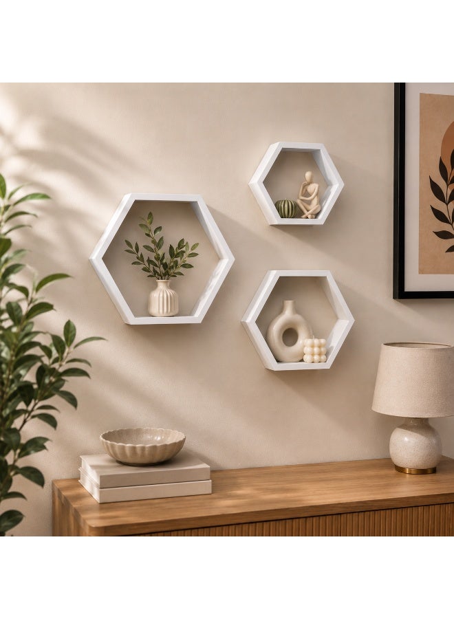 Modern hexagonal wall shelf set, 3 pieces for hanging decorations and organizing spaces. Stylish design for living room, bedroom, office, and entryway. - Image 3