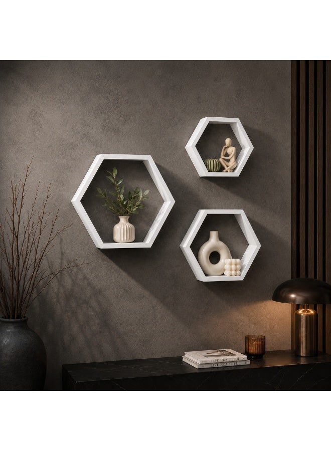 Modern hexagonal wall shelf set, 3 pieces for hanging decorations and organizing spaces. Stylish design for living room, bedroom, office, and entryway. - Image 5