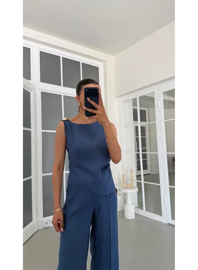 Gaus  Dark Blue Gold-Stud Detailed Blouse & Pants Tencel Set GAUS-01825. for Women | Best Price UAE