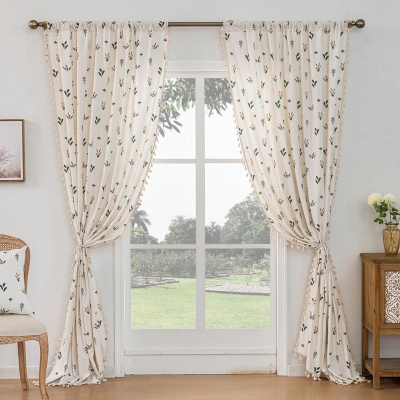 F-CHU Orange Floral Curtains 84 Inch Length 2 Panels Set Living Room Floor Length Drapes Bedroom Boho Farmhouse Window Curtain Panels Rod Pocket Tassel Dining Room Window Treatments 55" W x 84" L - Image 5