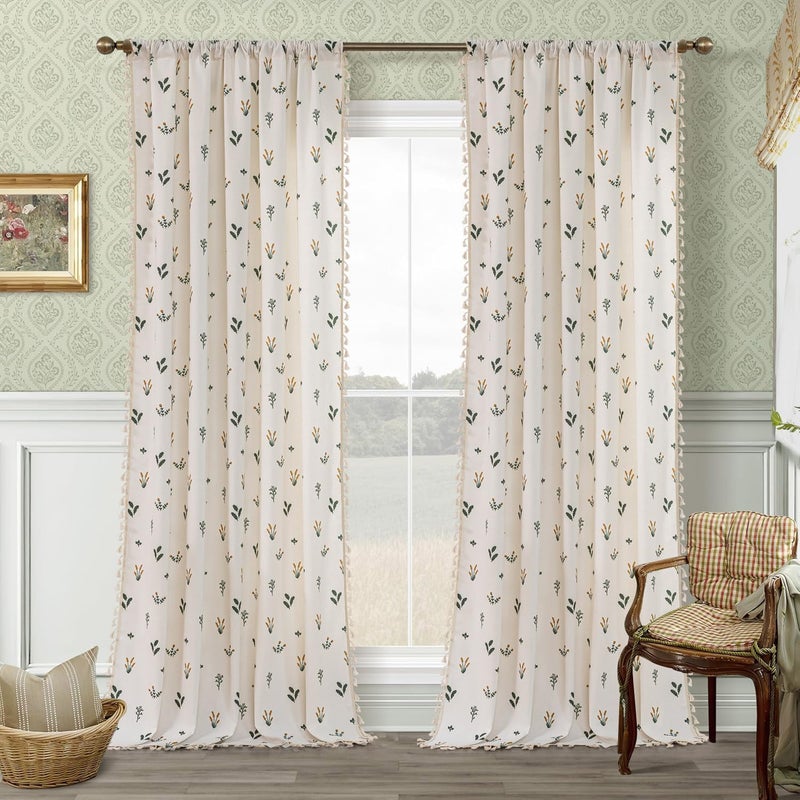 F-CHU Orange Floral Curtains 84 Inch Length 2 Panels Set Living Room Floor Length Drapes Bedroom Boho Farmhouse Window Curtain Panels Rod Pocket Tassel Dining Room Window Treatments 55" W x 84" L - Image 2