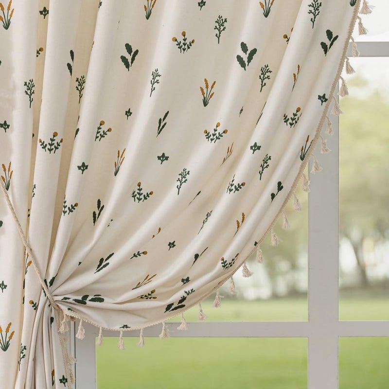 F-CHU Orange Floral Curtains 84 Inch Length 2 Panels Set Living Room Floor Length Drapes Bedroom Boho Farmhouse Window Curtain Panels Rod Pocket Tassel Dining Room Window Treatments 55" W x 84" L - Image 1